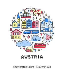 Doodle colored Austria icons including Vienna Cathedral, train, chalet house, church, Alpine mountains, cow, cave, flag, schnitzel, strudel, etc composed in circle shape.