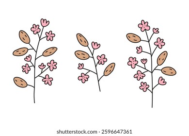 Doodle colored blooming almond tree branches with nuts and flowers isolated on white background. Hand drawn spring tree twigs.