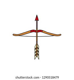 Doodle colored bow and arrow isolated on white background.