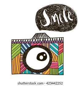 Doodle colored camera with speech bubble. Hipster camera isolated on white. Sketch retro photo camera. Vector illustration