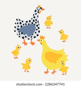 Doodle colored chickens and chicks on a beige background, great for banners, wallpapers, wrapping.