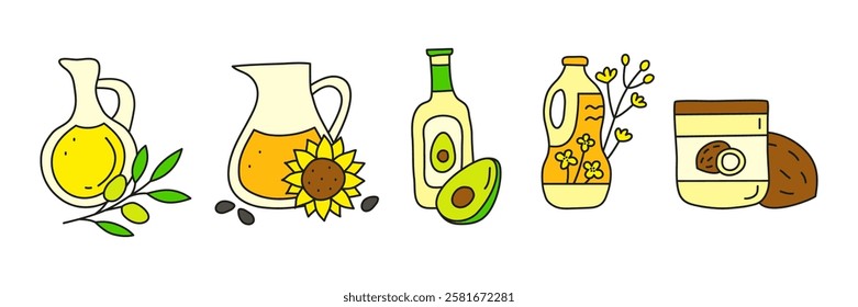 Doodle colored cooking oil in glass and plastic packages isolated on white background. Sunflower, olive, rapeseed, coconut, avocado oil bottles. Healthy nutrition concept. Vegetable fats.