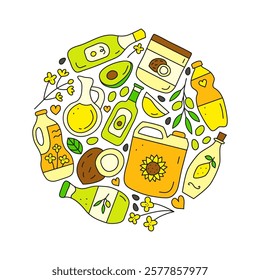 Doodle colored cooking oils in glass and plastic packages composed in circle shape. Sunflower, rapeseed, coconut, avocado oil bottles. Healthy nutrition concept. Vegetable fats.