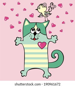 Doodle colored cute cat and bird  background.
