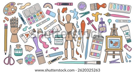 Doodle colored drawing tools - pencil, hand, mannequin, ink, paints, brushes, oil pastel, easel, palette, crayons. Vector illustration clipart set. Art class concept