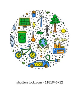 Doodle colored ecology and environment icons composed in circle shape on white background.