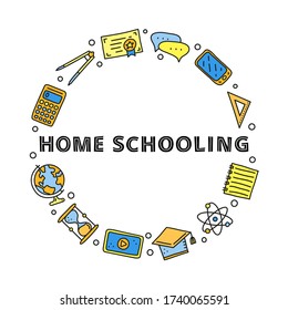 Doodle colored education, e-learning icons including computer, phone, ruler, globe, divider, lamp, headphones, calculator, hourglass, book and lettering composed in circle shape.