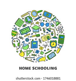 Doodle colored education, e-learning icons including computer, phone, ruler, globe, divider, lamp, headphones, calculator, hourglass, book, etc composed in circle shape.