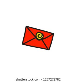 Doodle colored envelope with stamp wax isolated on white background.
