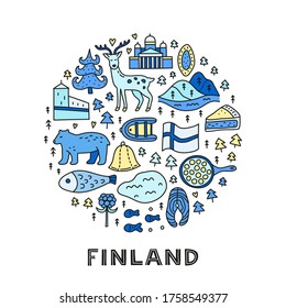 Doodle colored finland icons including Helsinki Cathedral, deer, lake, cloudberry, Olaf's castle, pastry, meatballs, fish, bear, flag, etc composed in circle shape.
