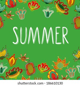 Doodle colored flowers with hand drawn word Summer card