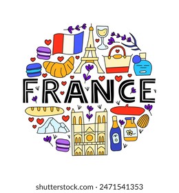 Doodle colored France landmarks and attractions compose in circle shape isolated on white background. Travel concept background.