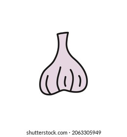 Doodle colored garlic isolated on white background. Hand drawn vegetable.