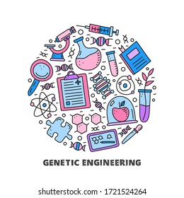 Doodle colored genetic engineering icons including dna, microscope, syringe, blank clipboard, molecule, plant in test tube, puzzle, book, tablet composed in circle shape.