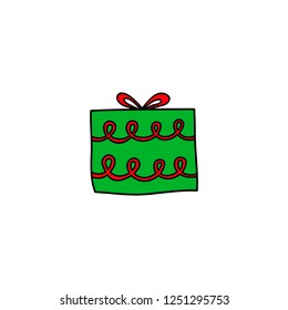 Doodle colored gift box with bow isolated on white background.