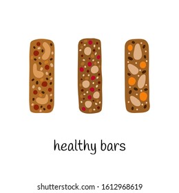 Doodle colored granola bars with nuts seeds, dried fruits and berries isolated on white background.