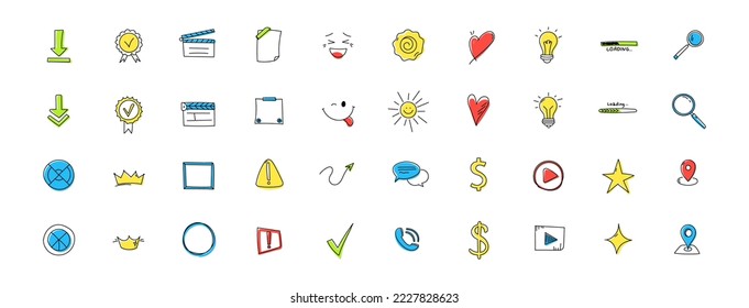 Doodle colored hand drawn icons set. Cheerful emotions with web symbols and charts for business labels and vector entertainment