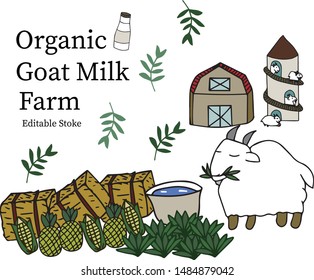 Doodle colored hand sketch vector is in organic goat milk farm in  concept. The white isolated illustration is good for healthy brand packaging or goat barn farm presentation in countryside.  