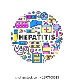 Doodle colored hepatitis medical icons including liver, microscope, syringe, test tube, eye, first aid kit, stethoscope loupe, virus composed in circle shape.