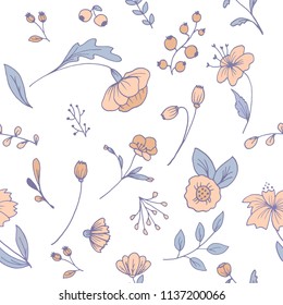 Doodle colored herbs, plants and flowers. Vector pattern background.