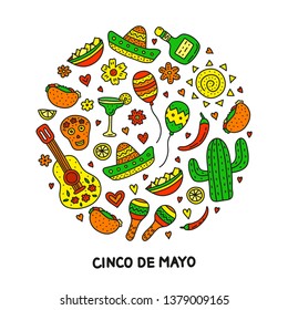 Doodle colored icons for Cinco de mayo celebration composed in circle shape.