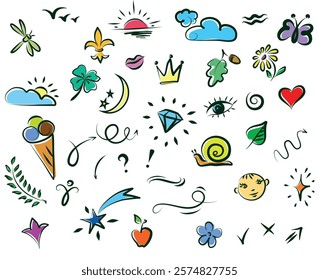 Doodle colored illustration. Abstract childish doodles. Vector graphic elements