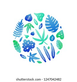 Doodle colored jungle leaves composed in circle shape.