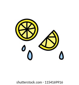 Doodle colored lemon fruit slices with drops isolated on white background.