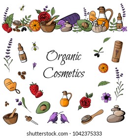 Doodle with colored organic  products and cosmetics hand-drawn.