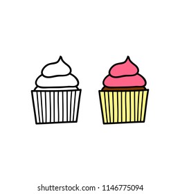 Doodle colored and outline cupcake with cream isolated on white background.