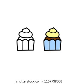 Doodle colored and outline cupcake with cream isolated on white background.