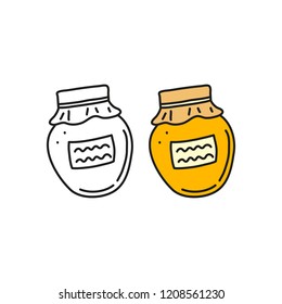 Doodle colored and outline liquid honey in bottle isolated on white background.
