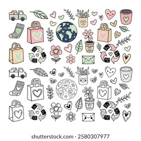 Doodle colored and outline sketch







 with hearts, love, valentine, nature, recycle, zero waste