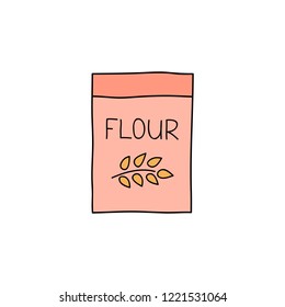 Doodle colored pack of flour isolated on white background.
