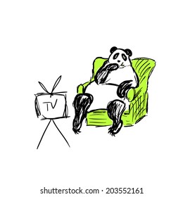 Doodle colored panda sitting on the sofa, lineart vector illustration.