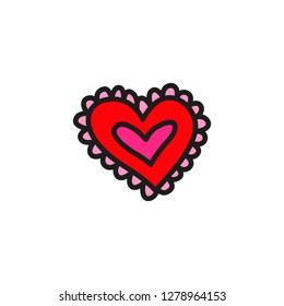 Doodle colored postcard heart with frill isolated on white background.