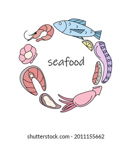 Doodle colored seafood icons including salmon, prawn, shrimp, octopus, squid, oyster, salmon steak and fillet composed in circle shape, isolated vector illustration on white background