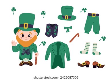 Doodle farbige Set von Leprechaun und seine Kleidung. Hellgrüne Hosen, Socken, Hut, Frack und Schuhe mit irischem Charakter auf weißem Hintergrund mit Kleeblättern