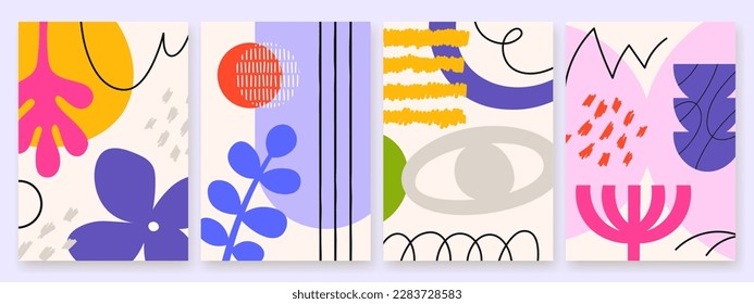 Doodle colored shapes posters, fun trends pattern. Modern graphic banners design with organic forms. Geometric collage racy vector covers