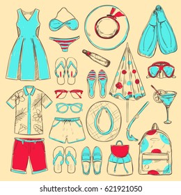 Doodle colored summer beach icons collection with male and female clothes accessories cocktail diving equipment isolated vector illustration