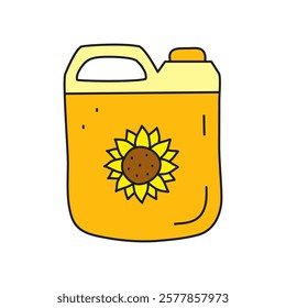 Doodle colored sunflower oil in plastic bottle isolated on white background. Vegetable fats. Healthy nutrition concept.