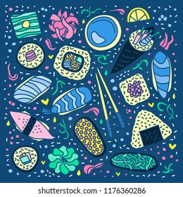 Doodle colored sushi, rolls, chopsticks, wasabi, ginger and symbols isolated on blue background.