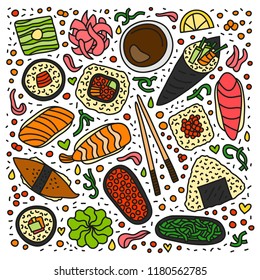 Doodle colored sushi, rolls, chopsticks, wasabi, ginger and symbols isolated on white background.