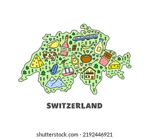 Doodle colored Switzerland tourist map with national landmarks and attractions isolated on white background. Welcome poster.