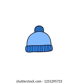 Doodle colored winter hat with pompon isolated on white background.