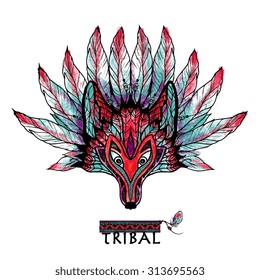 Doodle colored wolf tribal ritual mask with feathers and ornament vector illustration