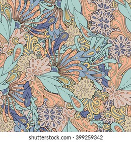 Doodle colorful abstract hand drawn vector background. Wavy marine seamless pattern.