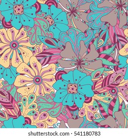 Doodle colorful abstract vector background. Wavy  seamless pattern. Hand drawn flowers and leaves background.