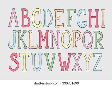 Doodle colorful alphabet, vector simple hand drawn letters. Colorful thin stroked letters. Decorative font for books, posters, postcard, web hand drawn style typography or kids design. 