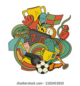 Doodle colorful art of football inventory. Cute monsters and sport items. Beautiful vector pattern.
